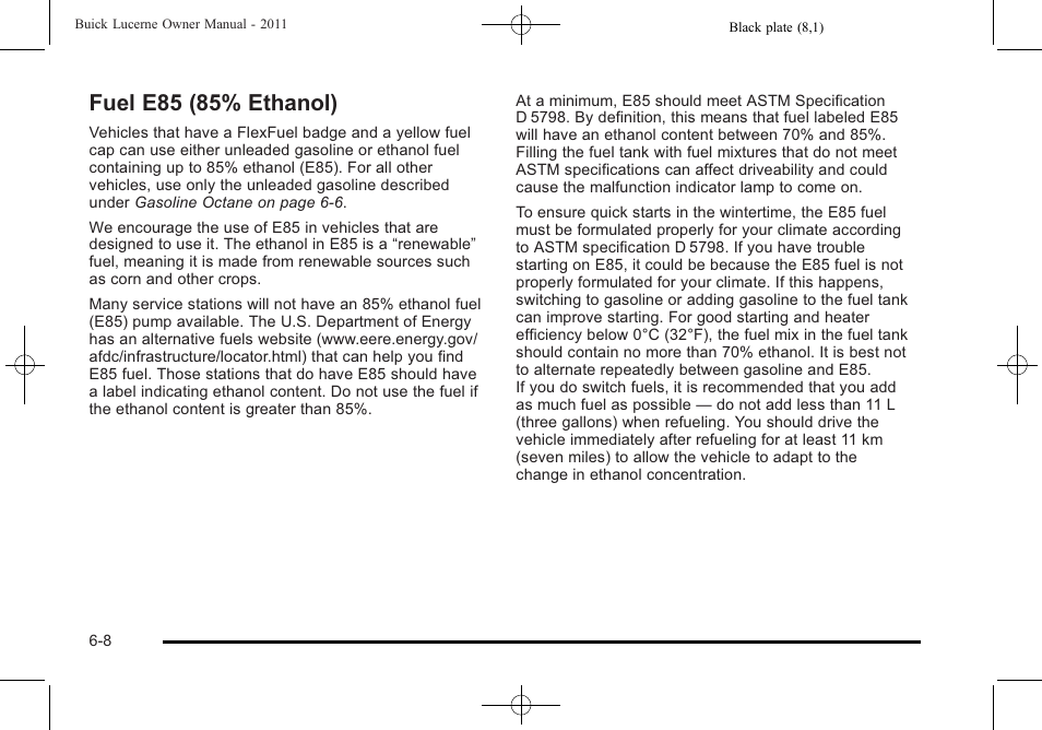 Fuel e85 (85% ethanol), Fuel e85 (85% ethanol) -8 | Buick 2011 Lucerne User Manual | Page 290 / 446