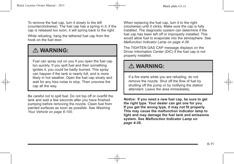 Warning | Buick 2011 Lucerne User Manual | Page 293 / 446