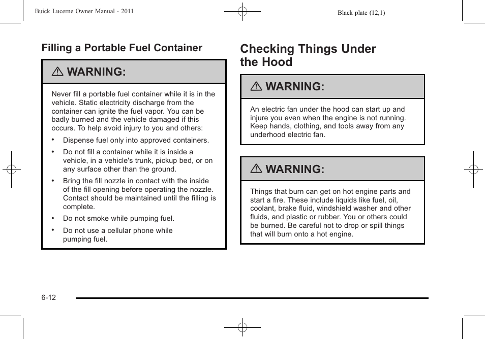 Filling a portable fuel container, Checking things under the hood, Checking things under the hood -12 | Vehicle data recording and privacy -15, Filling a portable fuel container -12, Warning | Buick 2011 Lucerne User Manual | Page 294 / 446