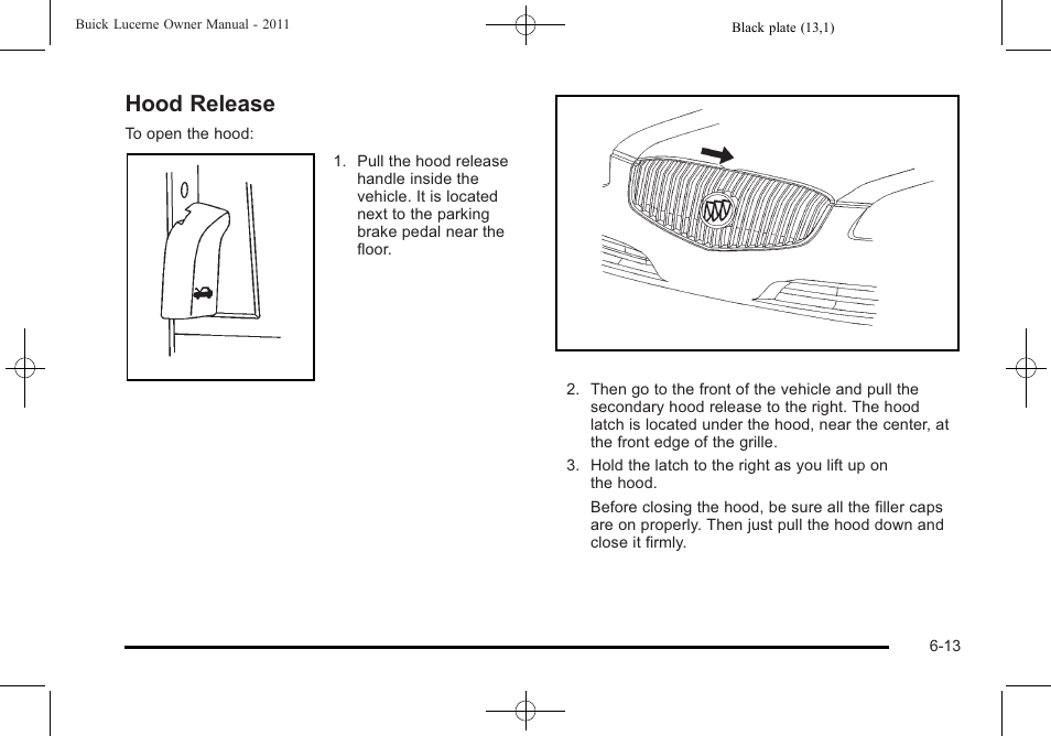 Hood release, Hood release -13 | Buick 2011 Lucerne User Manual | Page 295 / 446