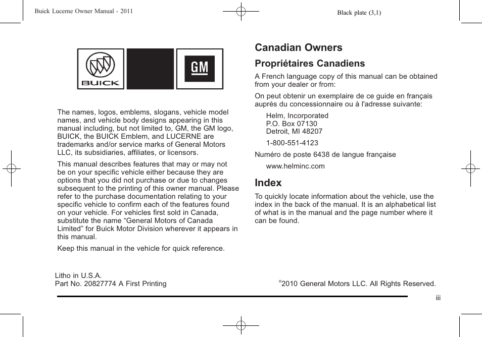 Preface, Canadian owners, Index | Propriétaires canadiens | Buick 2011 Lucerne User Manual | Page 3 / 446
