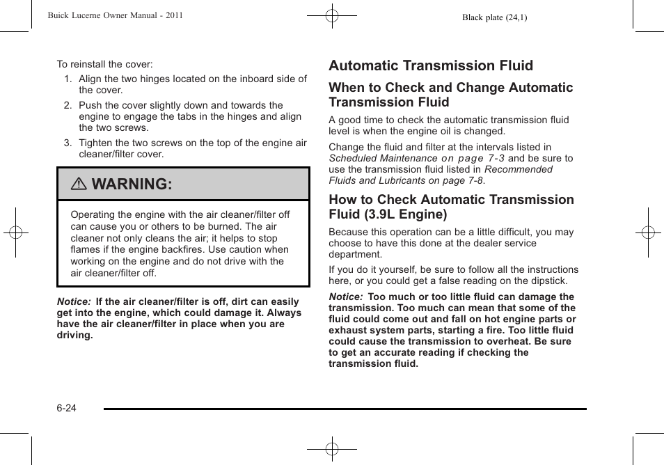 Automatic transmission fluid, Automatic transmission fluid -24, Tire | Warning | Buick 2011 Lucerne User Manual | Page 306 / 446