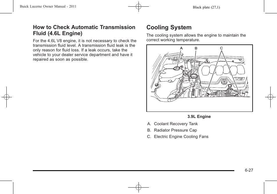 Cooling system, Cooling system -27, Cooling | Cooling system on | Buick 2011 Lucerne User Manual | Page 309 / 446