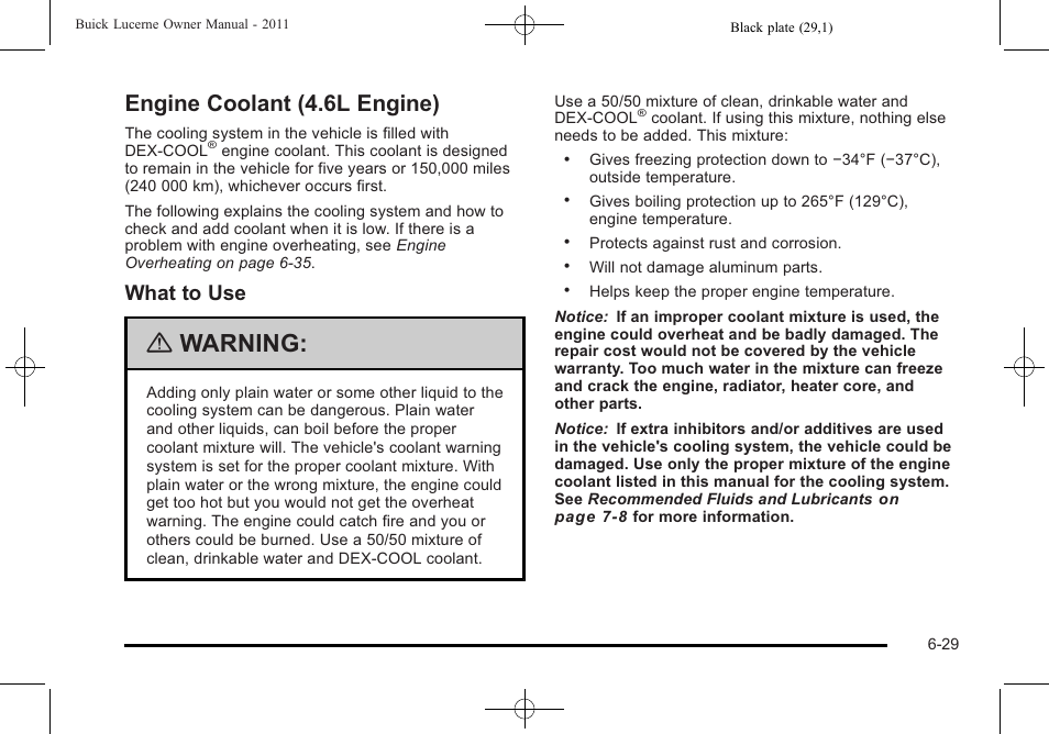 Engine coolant (4.6l engine), Engine coolant (4.6l engine) -29, Warning | What to use | Buick 2011 Lucerne User Manual | Page 311 / 446