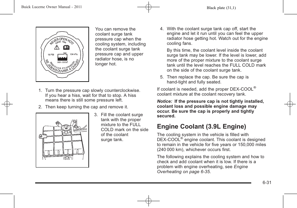 Engine coolant (3.9l engine), Engine coolant (3.9l engine) -31 | Buick 2011 Lucerne User Manual | Page 313 / 446