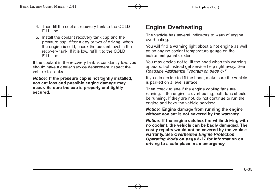 Engine overheating, Engine overheating -35 | Buick 2011 Lucerne User Manual | Page 317 / 446