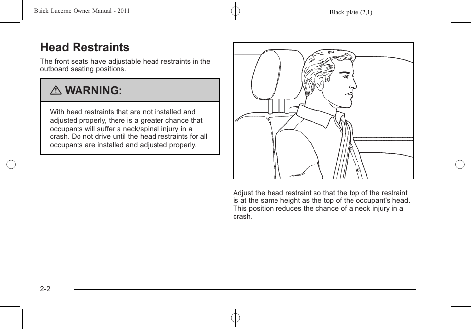 Head restraints, Head restraints -2, Warning | Buick 2011 Lucerne User Manual | Page 34 / 446