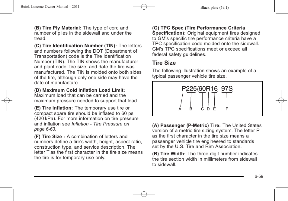 Tire size | Buick 2011 Lucerne User Manual | Page 341 / 446