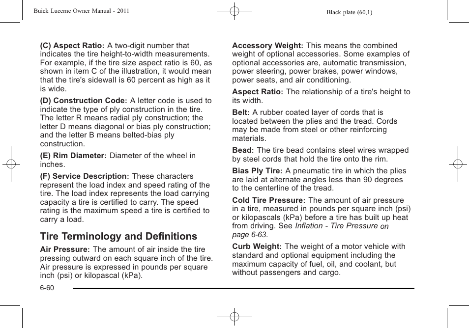 Tire terminology and definitions, Tire terminology and definitions -60 | Buick 2011 Lucerne User Manual | Page 342 / 446