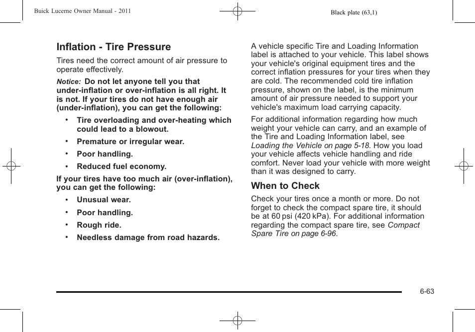 Inflation - tire pressure, Inflation - tire pressure -63, When to check | Buick 2011 Lucerne User Manual | Page 345 / 446