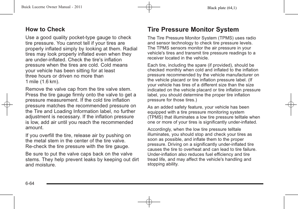 Tire pressure monitor system, Pressure monitor system -64, How to check | Buick 2011 Lucerne User Manual | Page 346 / 446