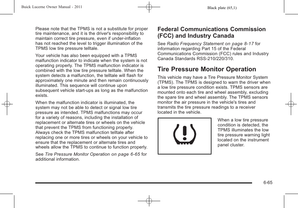 Tire pressure monitor operation, Tire pressure monitor operation -65 | Buick 2011 Lucerne User Manual | Page 347 / 446