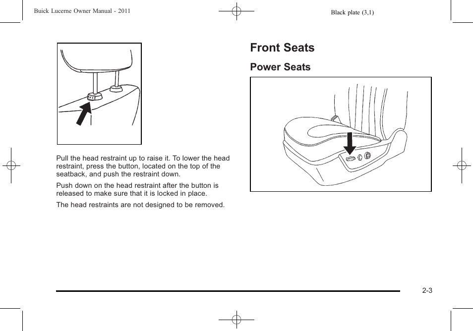 Front seats, Power seats, Front seats -3 | Universal home, Power seats -3 | Buick 2011 Lucerne User Manual | Page 35 / 446