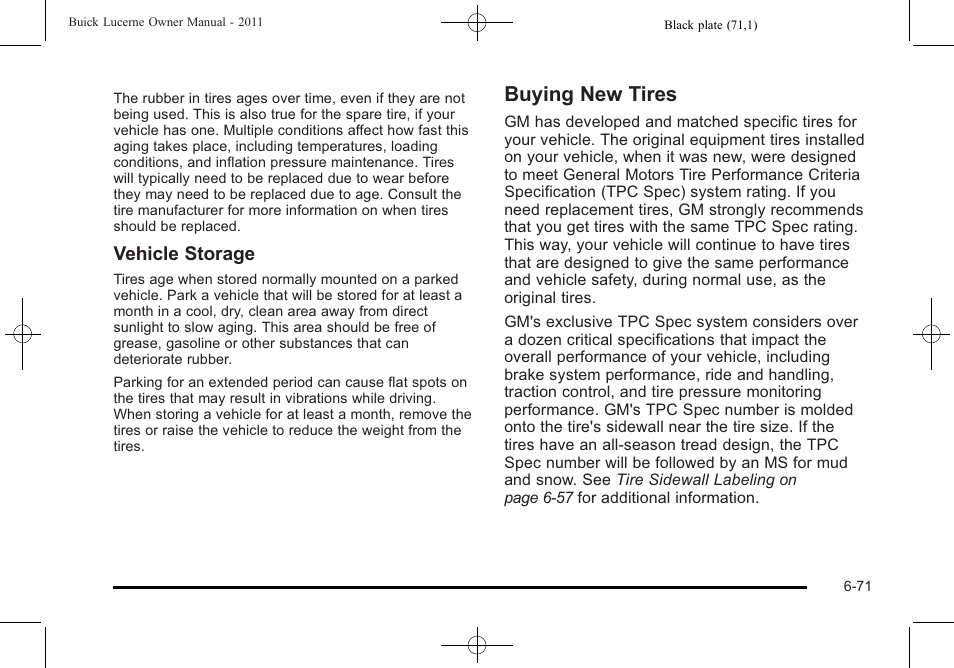 Buying new tires, Buying new tires -71, Vehicle storage | Buick 2011 Lucerne User Manual | Page 353 / 446