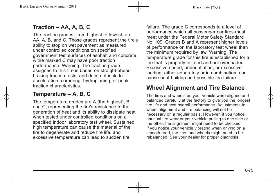 Wheel alignment and tire balance, Wheel alignment and tire balance -75, Traction – aa, a, b, c | Temperature – a, b, c | Buick 2011 Lucerne User Manual | Page 357 / 446