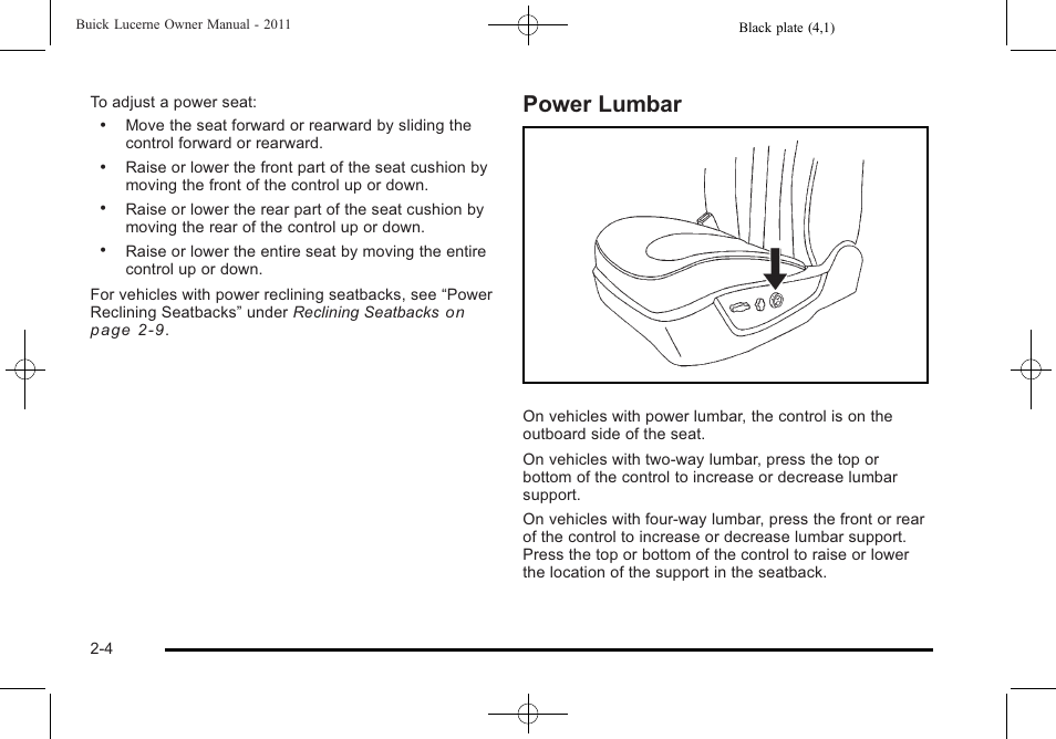 Power lumbar, Power lumbar -4 | Buick 2011 Lucerne User Manual | Page 36 / 446