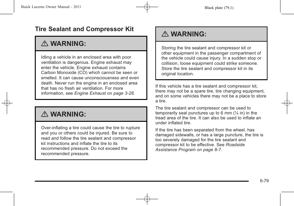 Tire sealant and compressor kit, Tire sealant and compressor kit -79, Sheet | Warning | Buick 2011 Lucerne User Manual | Page 361 / 446