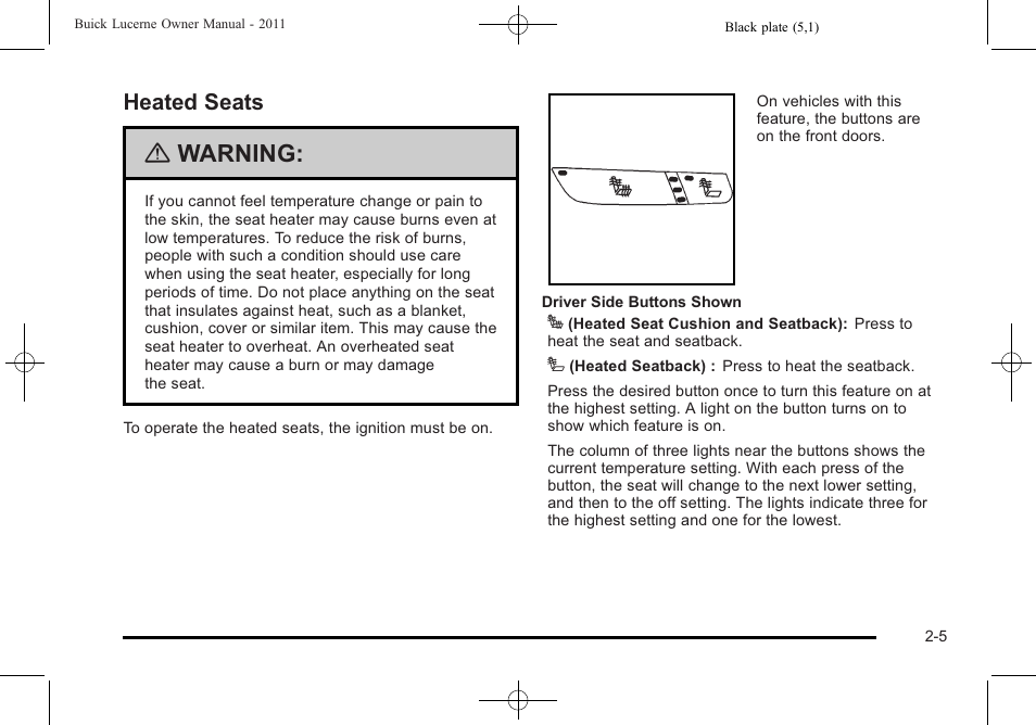 Heated seats, Heated seats -5, Warning | Buick 2011 Lucerne User Manual | Page 37 / 446