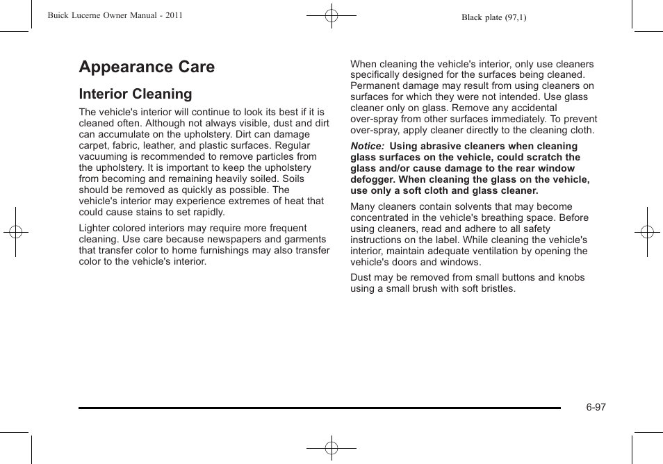 Appearance care, Interior cleaning, Appearance care -97 | Interior cleaning -97 | Buick 2011 Lucerne User Manual | Page 379 / 446