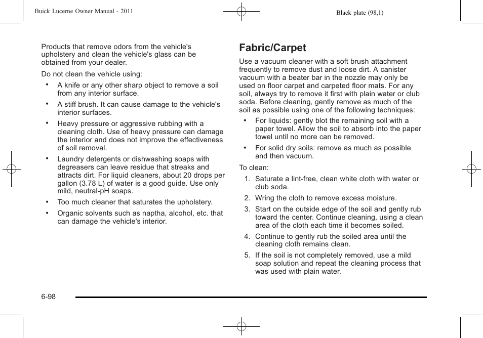 Fabric/carpet, Fabric/carpet -98 | Buick 2011 Lucerne User Manual | Page 380 / 446