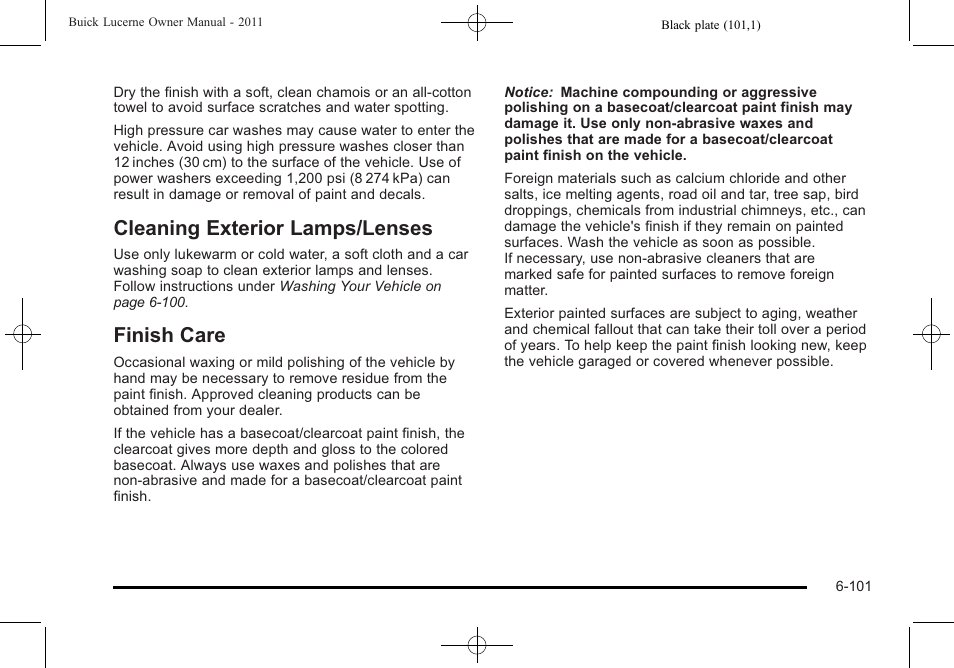 Cleaning exterior lamps/lenses, Finish care, Cleaning exterior lamps/lenses -101 | Care -101 | Buick 2011 Lucerne User Manual | Page 383 / 446