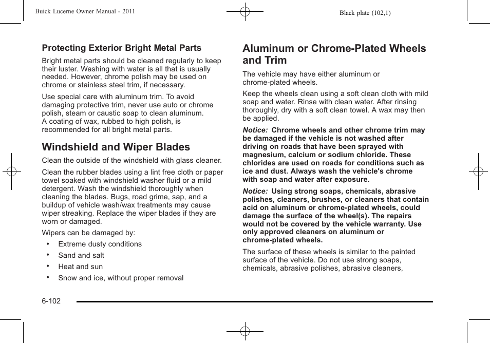 Windshield and wiper blades, Aluminum or chrome-plated wheels and trim, And trim -102 | Buick 2011 Lucerne User Manual | Page 384 / 446
