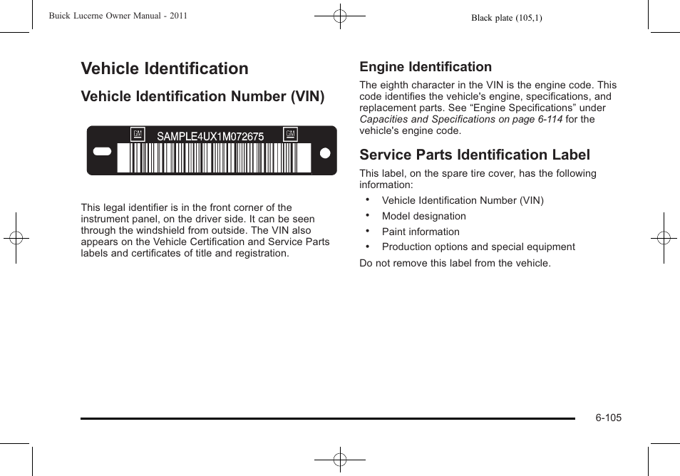 Vehicle identification, Vehicle identification number (vin), Service parts identification label | Vehicle identification -105, Engine identification | Buick 2011 Lucerne User Manual | Page 387 / 446