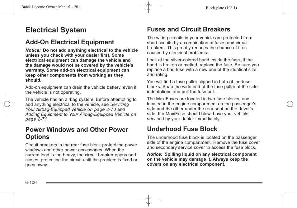 Electrical system, Add-on electrical equipment, Power windows and other power options | Fuses and circuit breakers, Underhood fuse block, Electrical system -106 | Buick 2011 Lucerne User Manual | Page 388 / 446