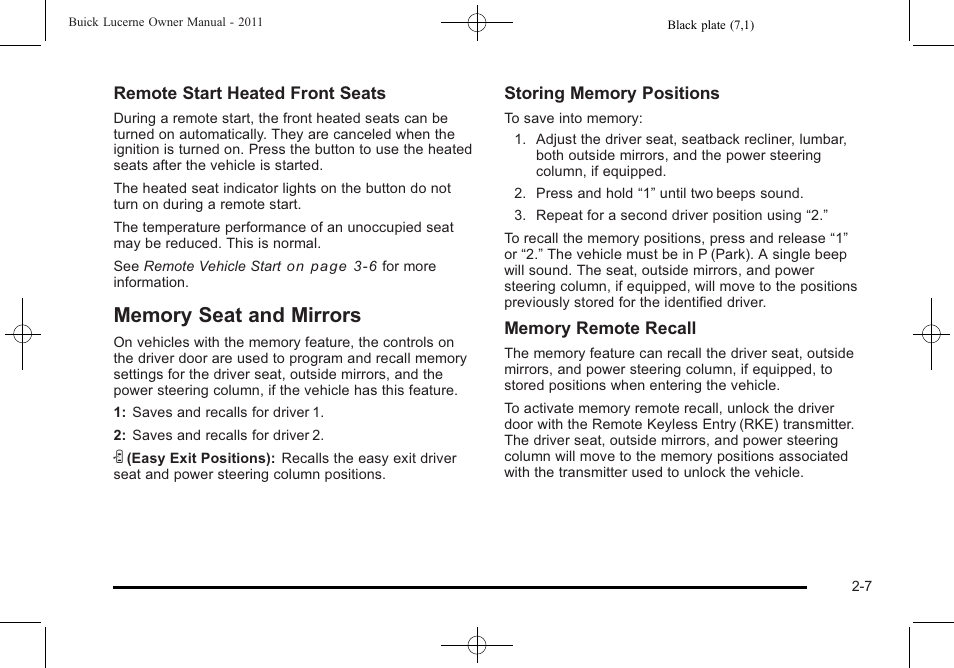 Memory seat and mirrors, Memory seat and mirrors -7 | Buick 2011 Lucerne User Manual | Page 39 / 446