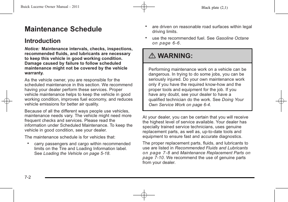 Maintenance schedule, Introduction, Maintenance schedule -2 | Introduction -2, Warning | Buick 2011 Lucerne User Manual | Page 400 / 446