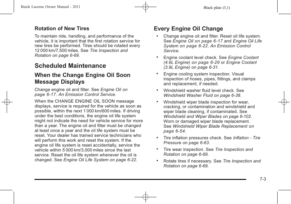 Scheduled maintenance, Scheduled maintenance -3, Engine | When the change engine oil soon message displays, Every engine oil change, Rotation of new tires | Buick 2011 Lucerne User Manual | Page 401 / 446
