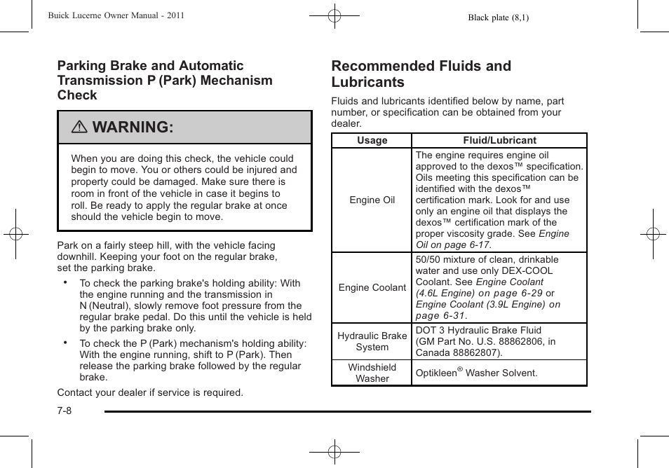 Recommended fluids and lubricants, Recommended fluids and lubricants -8, Warning | Buick 2011 Lucerne User Manual | Page 406 / 446