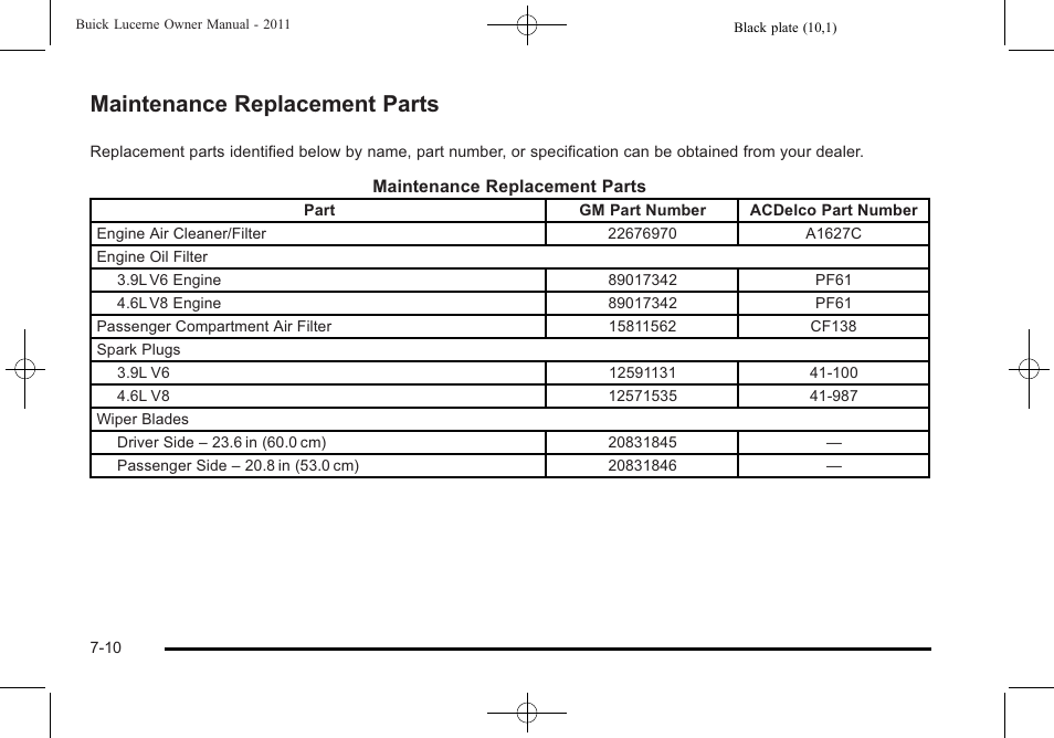 Maintenance replacement parts, Maintenance replacement parts -10 | Buick 2011 Lucerne User Manual | Page 408 / 446