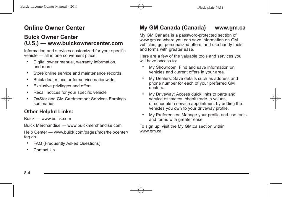 Online owner center, Online owner center -4, Other helpful links | Buick 2011 Lucerne User Manual | Page 416 / 446