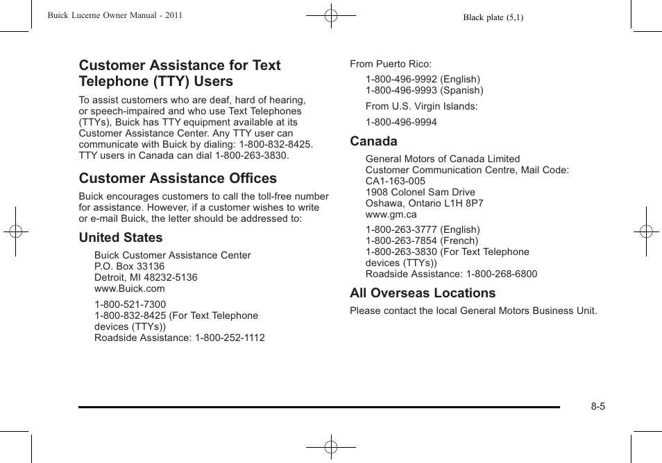 Customer assistance for text telephone (tty) users, Customer assistance offices, Customer assistance for text telephone (tty) | Users -5, Customer assistance offices -5, Reporting, United states, Canada, All overseas locations | Buick 2011 Lucerne User Manual | Page 417 / 446
