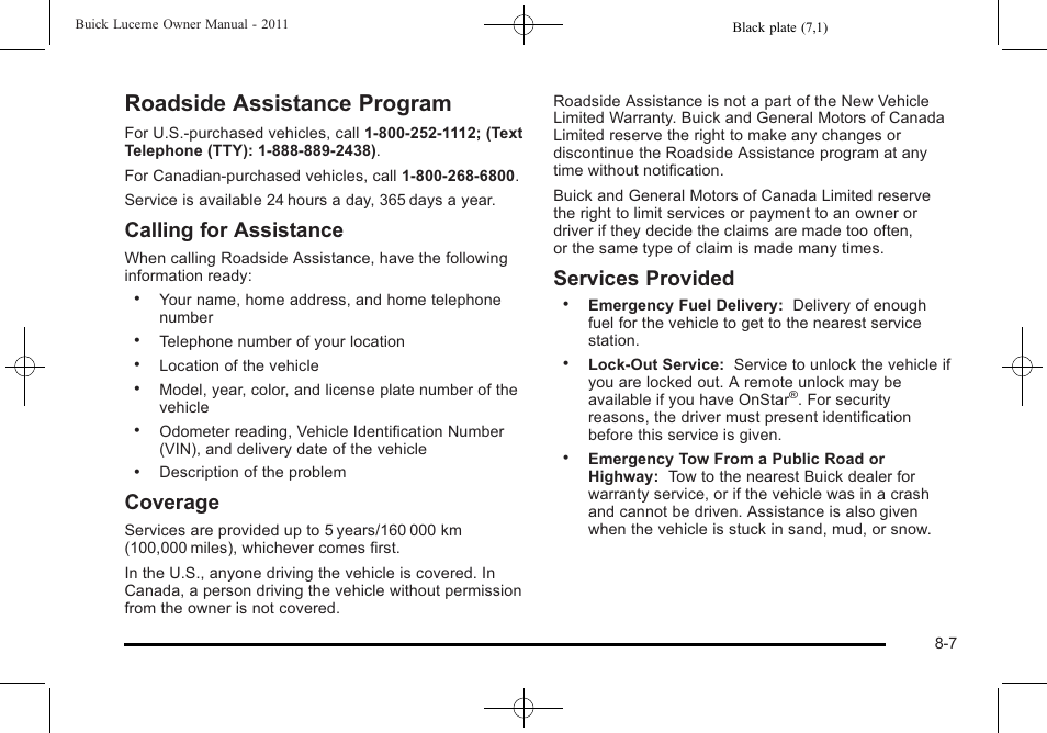 Roadside assistance program, Roadside assistance program -7, Vehicle | Calling for assistance, Coverage, Services provided | Buick 2011 Lucerne User Manual | Page 419 / 446