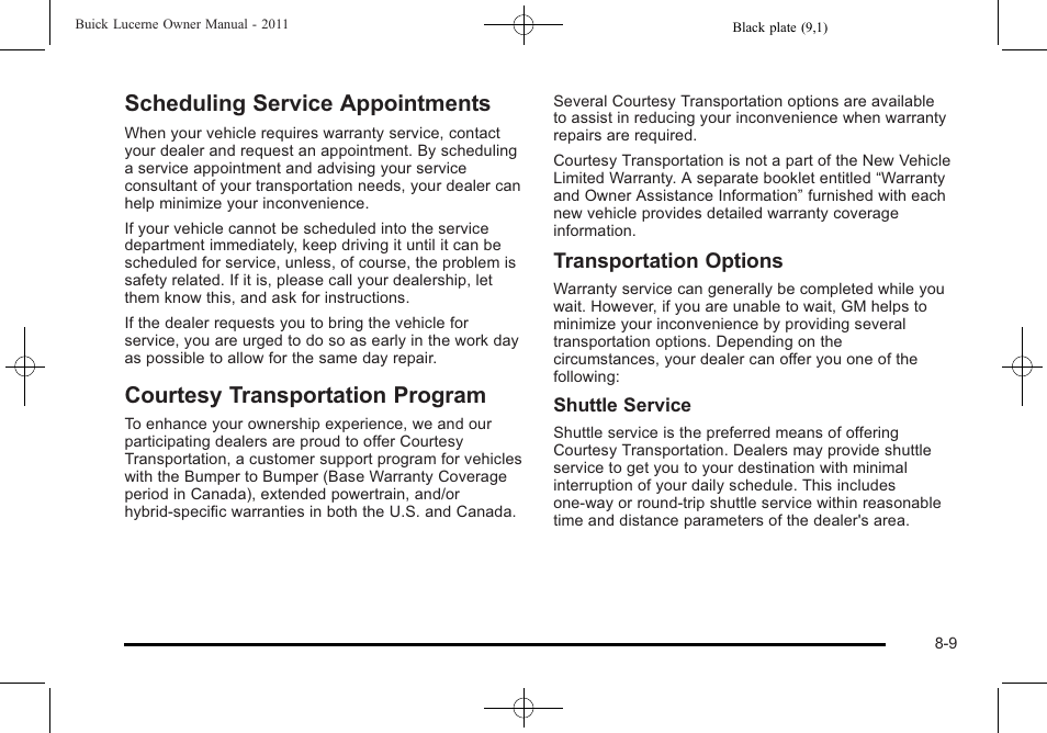 Scheduling service appointments, Courtesy transportation program, Transportation options | Buick 2011 Lucerne User Manual | Page 421 / 446