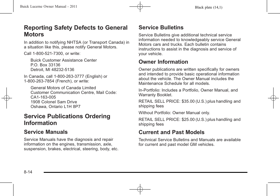 Reporting safety defects to general motors, Service publications ordering information, Service manuals | Service bulletins, Owner information, Current and past models | Buick 2011 Lucerne User Manual | Page 426 / 446
