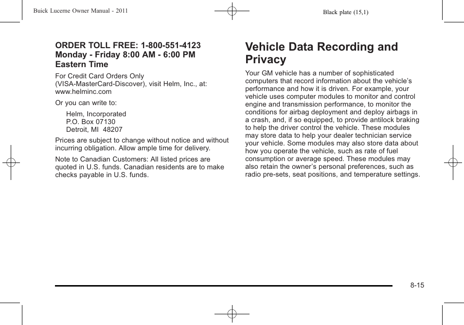 Vehicle data recording and privacy, Data recording and privacy -15 | Buick 2011 Lucerne User Manual | Page 427 / 446
