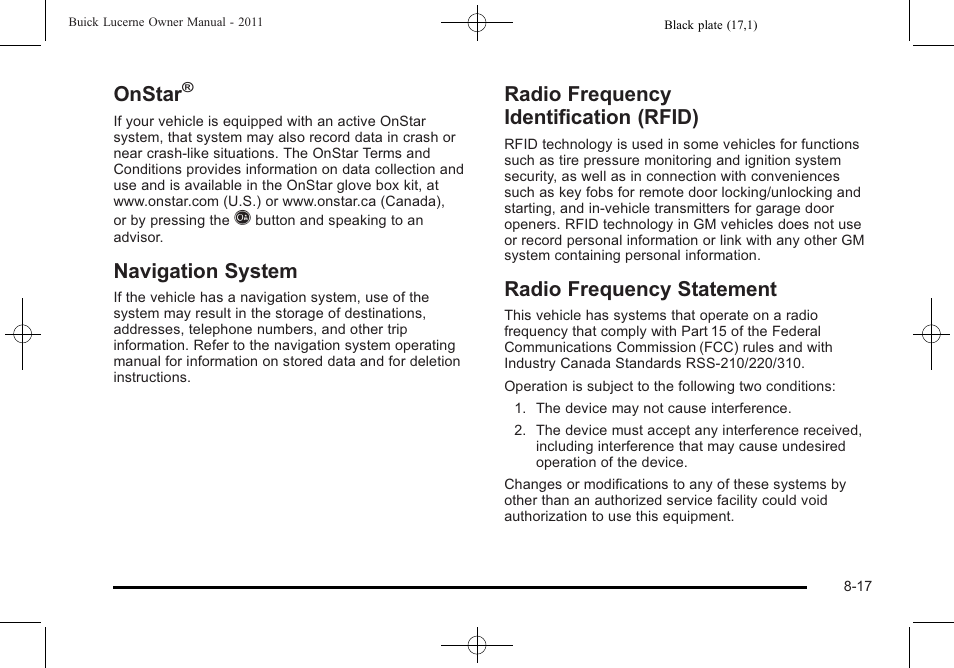 Onstar, Navigation system, Radio frequency identification (rfid) | Radio frequency statement | Buick 2011 Lucerne User Manual | Page 429 / 446