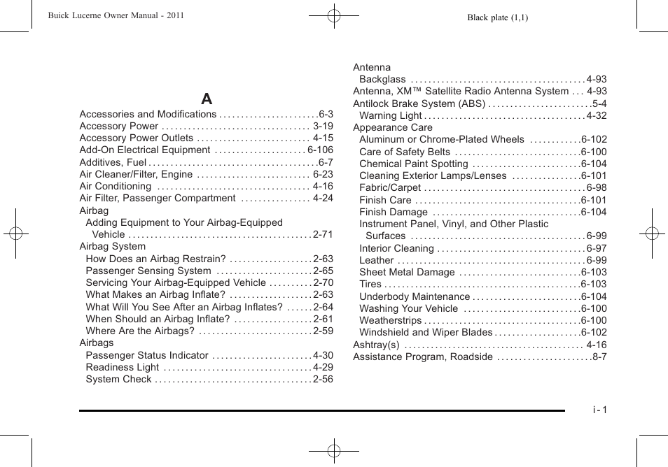 Index, Index_a | Buick 2011 Lucerne User Manual | Page 431 / 446