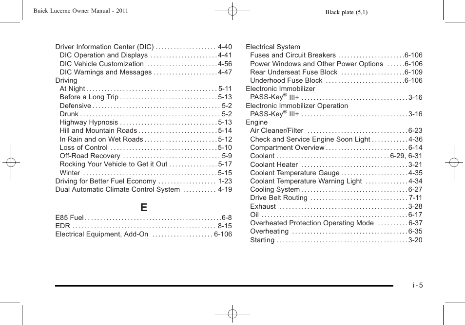 Index_e | Buick 2011 Lucerne User Manual | Page 435 / 446