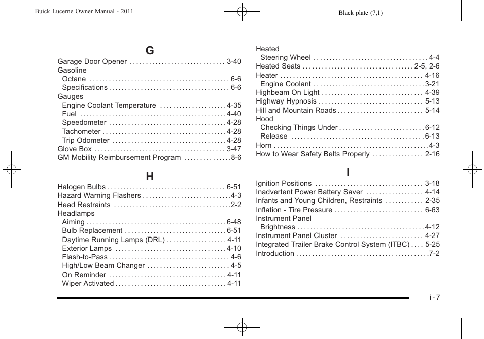 Index_g, Index_h, Index_i | Buick 2011 Lucerne User Manual | Page 437 / 446