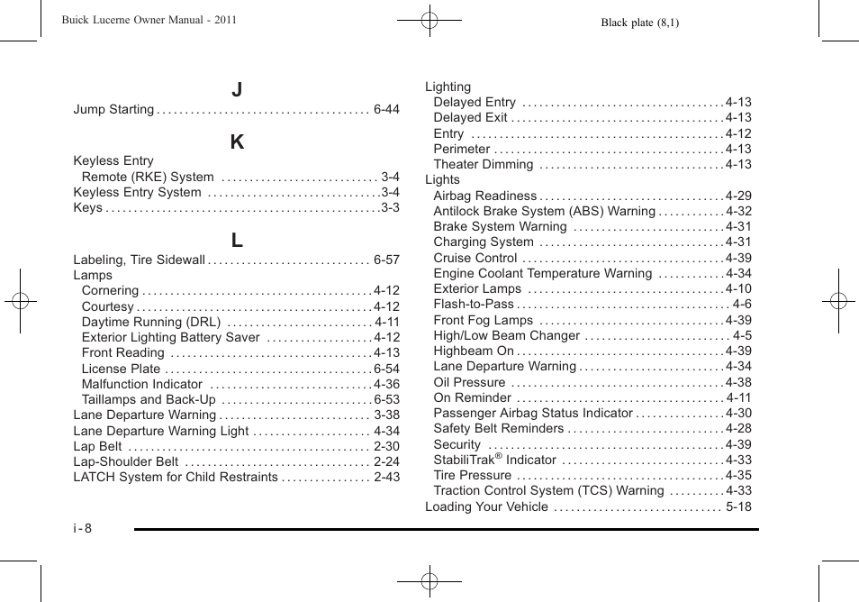 Index_j, Index_k, Index_l | Buick 2011 Lucerne User Manual | Page 438 / 446