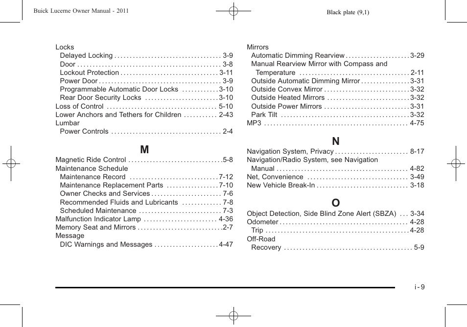 Index_m, Index_n, Index_o | Buick 2011 Lucerne User Manual | Page 439 / 446