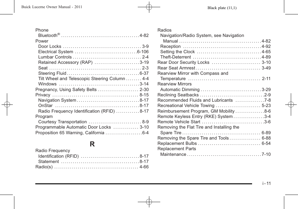 Index_r | Buick 2011 Lucerne User Manual | Page 441 / 446
