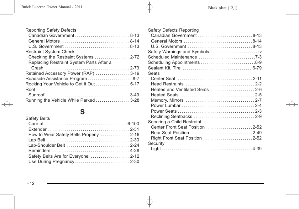 Index_s | Buick 2011 Lucerne User Manual | Page 442 / 446