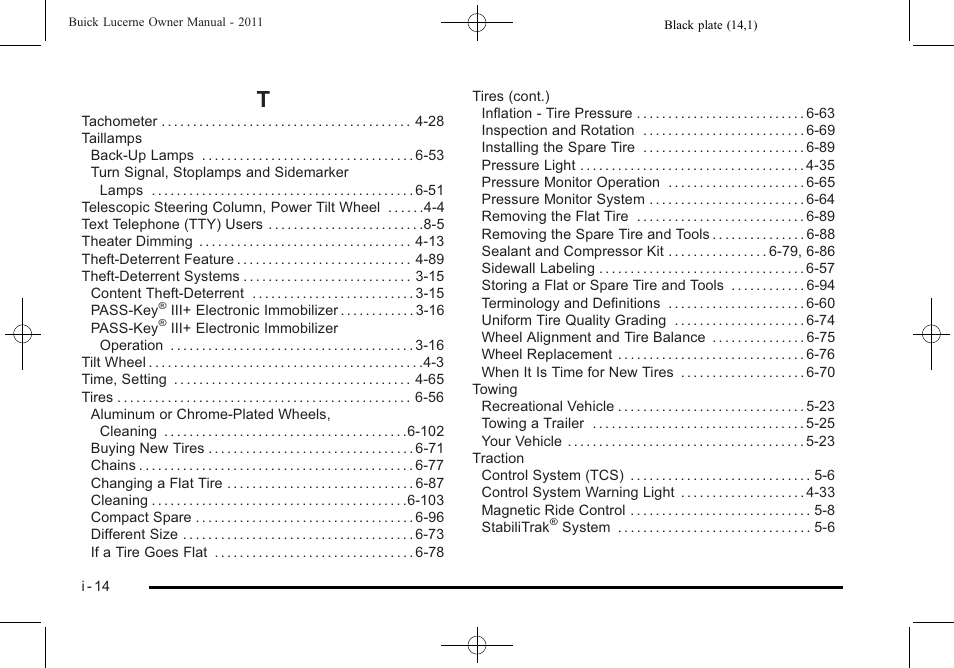 Index_t | Buick 2011 Lucerne User Manual | Page 444 / 446