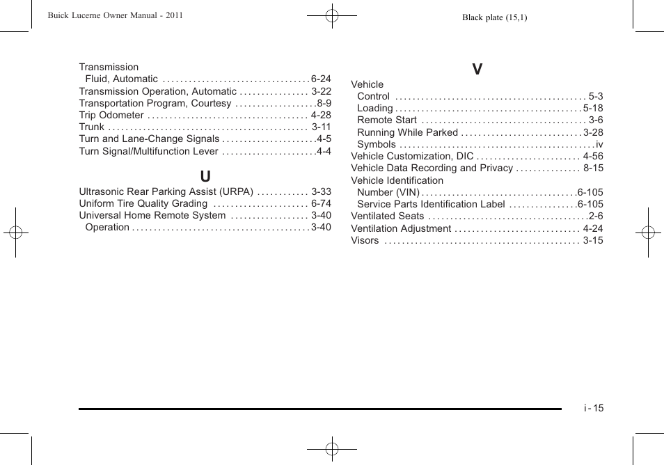 Index_u, Index_v | Buick 2011 Lucerne User Manual | Page 445 / 446