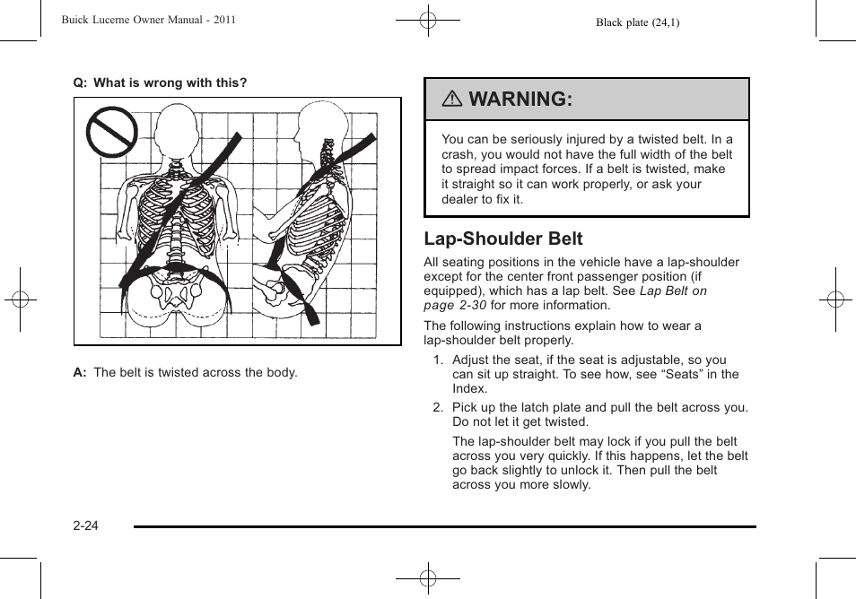 Lap-shoulder belt, Lap-shoulder belt -24, Servicing | Warning | Buick 2011 Lucerne User Manual | Page 56 / 446